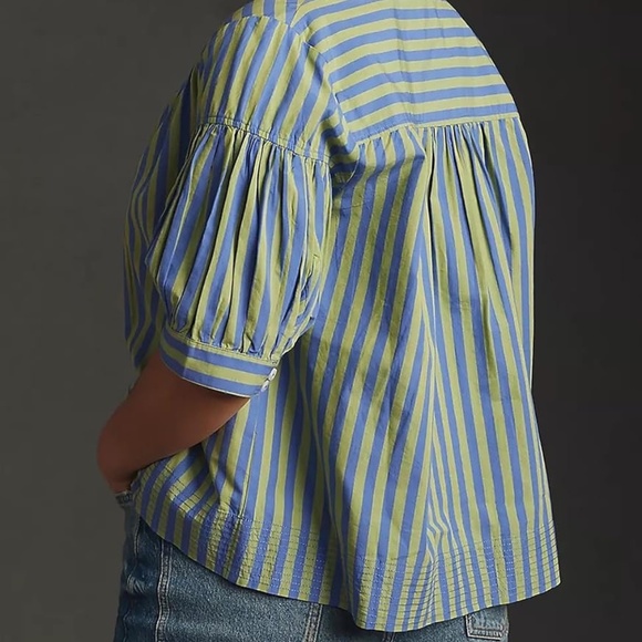 2-Striped Shirt Women V Neck Puff Short Sleeve Oversized Shirts Casual Summer - Picture 1 of 6